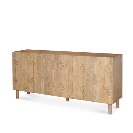 Homeroots 71in Light Brown Solid Wood Carved Geometric Sideboard Soft Close with Four Doors 611021