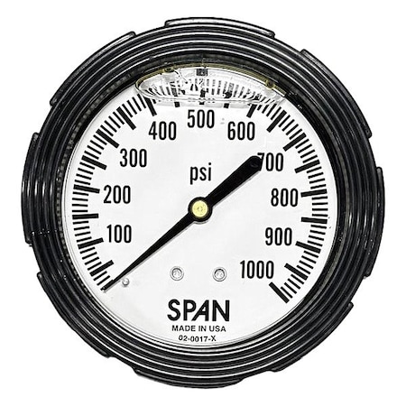 Span Industrial Pressure Gauge, 1/4 in NPT, Center Back Location LFC210-1000-PSI-G-CERT