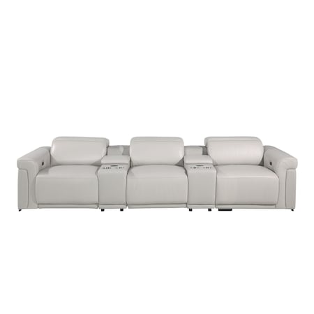 Homeroots 126" Light Gray Top Grain Leather Reclining Metal USB Sofa 720368