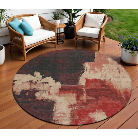 Homeroots 8' Brick Red And Red Round Abstract Washable Indoor Outdoor Area Rug 609162