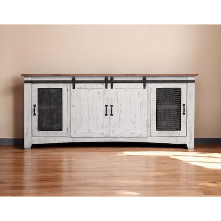 Homeroots 79" White Solid Wood Cabinet Enclosed Storage Distressed TV Stand 528707