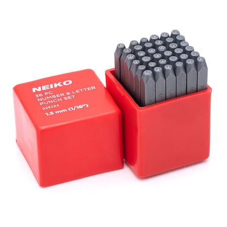 Neiko Number and Letter Punch Set with Heat-Treated Steel Punches, 1/16", 1.5MM Shaft, 36 Pc Stamp Set 02629A