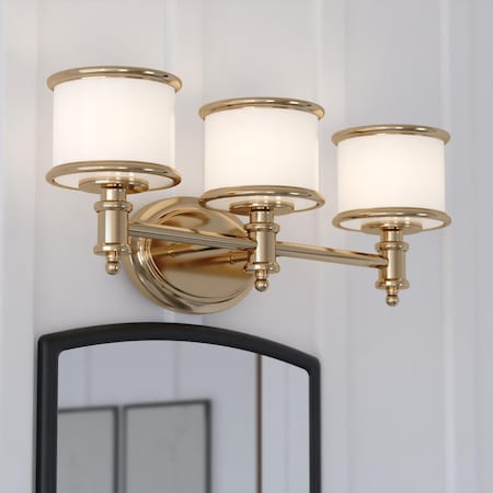Vaxcel Carlisle 3 Light Gold Brass Traditional Bathroom Vanity Fixture White Glass W0479