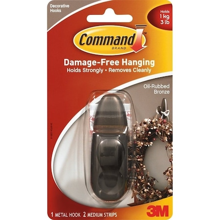 Command Forever Classic Series Decorative Hook, 11/16 in Opening, 3 lb, 1-Hook, Metal, Oil-Rubbed Bronze FC12-ORB