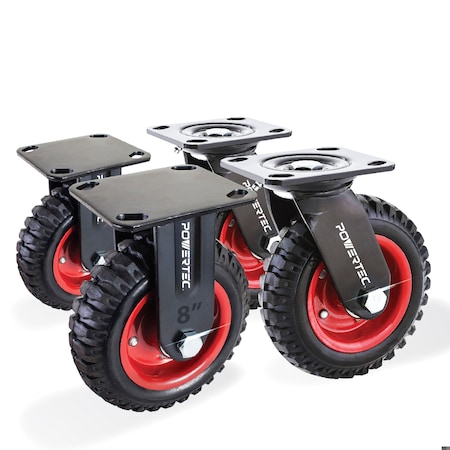 Powertec 8'' Caster Wheels 4 Swivel & 4 Fixed, Heavy Duty Casters with Rubber Knobby Tread, 8PK 17055-P2N