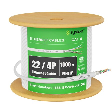 Syston Cable Technology Cat 8 Ethernet Cable S/FTP Bulk, 1000ft White, 2000 MHz 22 AWG Solid Copper, CL2R CMR Riser-Rated BULK1588-1000WH