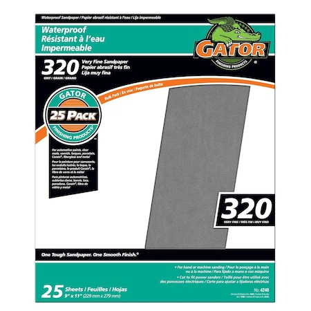 Gator Finishing 9 x 11 in Waterproof Sandpaper, 320 Grit, Very Fine, 25PK 4240