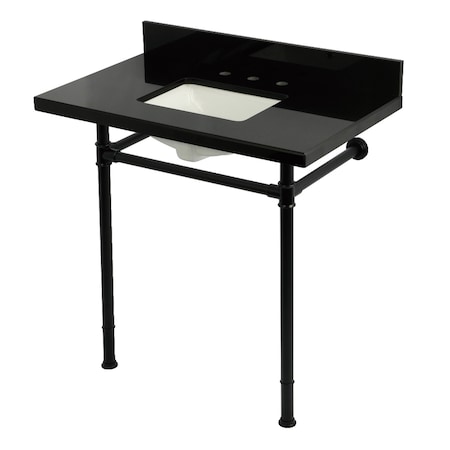 Kingston Brass 36" Black Granite Console Sink with Stainless Steel Legs, 8-Inch, 3-Hole, Black Granite/Matte Black KVPK36227K8SQ0