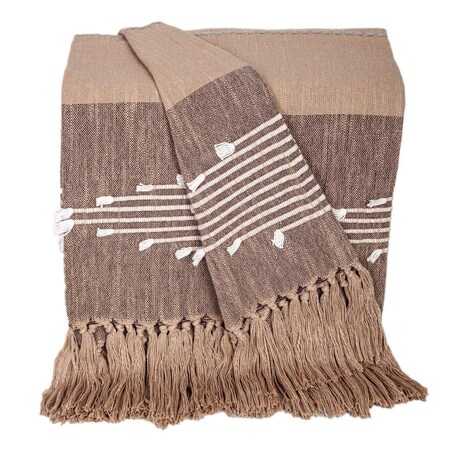 Homeroots 50" X 60" Brown and Beige Woven Cotton Striped Throw Blanket with Tassels and Embroidery 548934