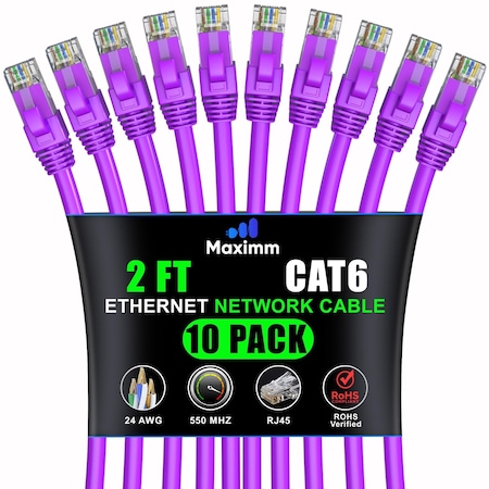Maximm Cat6 Ethernet Cable 2ft 10Gbps 550MHz UTP, 10PK, Purple, 10PK CAT6-CCA-2FTPURPLE-10PK