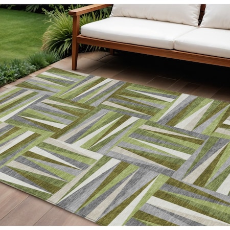 Homeroots 9' X 12' Green Gray And Ivory Geometric Washable Indoor Outdoor Area Rug 598266