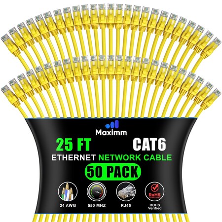 Maximm Cat6 Ethernet Cable 25ft 10Gbps 550MHz UTP, 50PK, Yellow, 50PK CAT6CCA-25YL-50PK