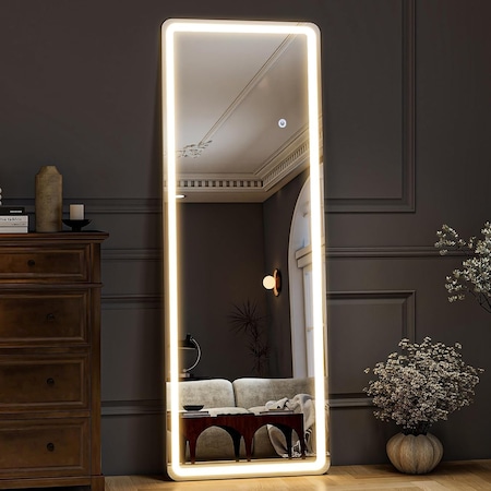 Simple Deluxe 64'x21' Full Length Mirror with LED Lights, Hanging Mounted Mirror, Aluminum Frame Mirror with Dimm 3A88MIROFY2164NWHT