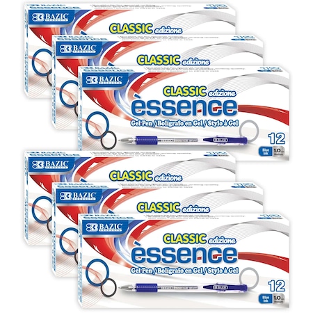 Bazic Products Essence Gel Pen with Cushion Grip, Blue, 6 Boxes of 12 Pens Per Box, 72PK 17088