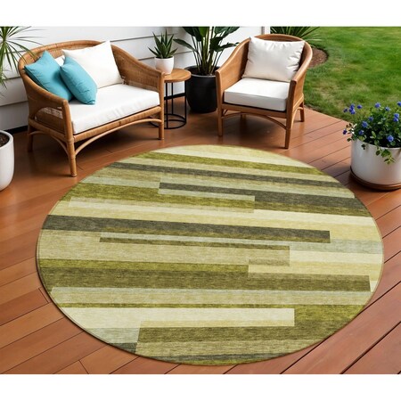 Homeroots 8' Olive Green Ivory And Beige Round Striped Washable Indoor Outdoor Area Rug 613304