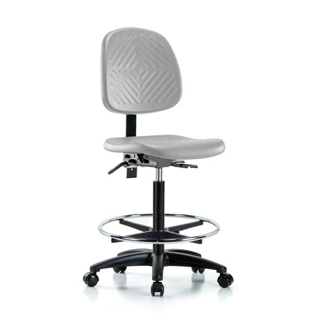 Blue Ridge Ergonomics Poly Chair-High Bench Height with Medium Back, Chrome Foot Ring, & Casters in Gray Poly PHBCH-MB-RG-T0-A0-CF-RC-GRY
