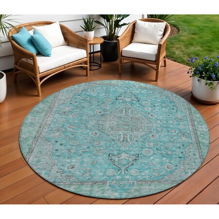 Homeroots 8' Aqua And Teal Blue Round Medallion Washable Indoor Outdoor Area Rug 616258