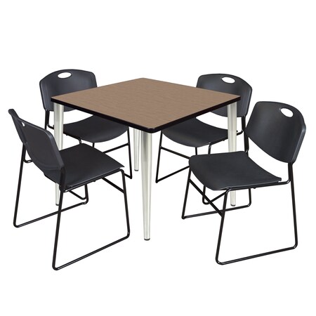 Regency Square Kahlo Breakroom Table W/ 4 Zeng Stack Chairs, 36 in W, 36 in L, Noble Oak TPL3636NOCM44BK