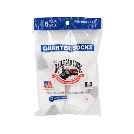 Railroad Sock Unisex Quarter Socks, 85% Cotton, 15% Nylon, White/Grey, 5-10 W; 4 Pair-7.5 M, 6 PK 8092