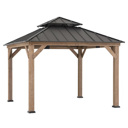 Sunjoy 11 x 11ft Outdoor Wooden Gazebo Patio Steel Hardtop Gazebo, Brown A1020073A0