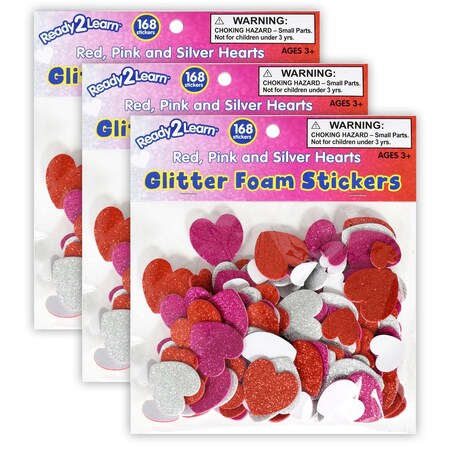 Ready 2 Learn Glitter Foam Stickers, Hearts, Red, Pink and Silver, 168-Piece Set, 3PK CE10087
