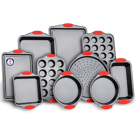 Bakkenmaster 10-Piece Baking Set, Non-Stick Blue Coating, Carbon Steel, Red Silicone Handles, PFOA-Free BKB10SPS10