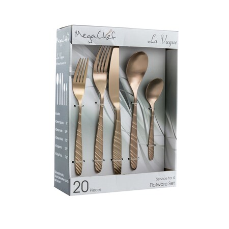 Megachef La Vague 20 Piece Flatware Utensil Set, Stainless Steel Service for 4 in Matte Rose Gold MCFW-LA VAGUE-MATTEROSEGOLD