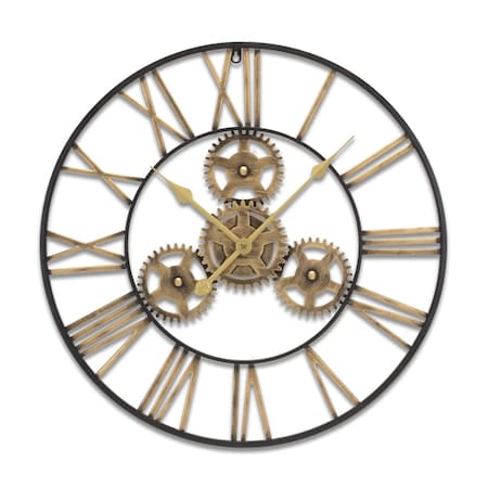 Homeroots 24" Black And Gold Metal Analog Exposed Gear Round Wall Clock 516214