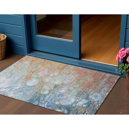 Homeroots 3' X 5' Copper Blue And Artichoke Green Abstract Washable Indoor Outdoor Area Rug 582164
