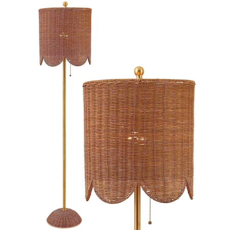 Jonathan Y Joel 63.5" Coastal Bohemian Scallop Shade Rattan/Metal LED Floor Lamp w/ Pull Chain, Brown/Brass Gold JYL1153A