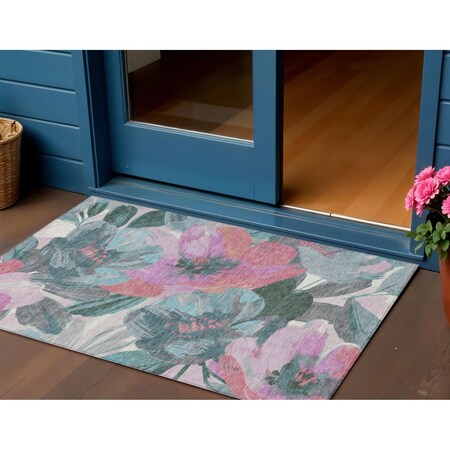 Homeroots 3' X 5' Teal Blue And Aqua Floral Washable Indoor Outdoor Area Rug 611096