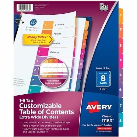 Avery Dennison Avery, CUSTOMIZABLE TOC READY INDEX MULTICOLOR DIVIDERS, 8-TAB, LETTER 11163