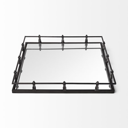Homeroots Natural Finish Metal With Mirrored Glass Bottom And Railing Handle Tray 376036