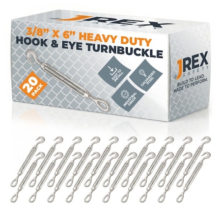 Jrex Safety Galvanized Steel Hook and Eye Turnbuckle - 3/8" x 6", 20PK GTB38-JR-HE-20PK