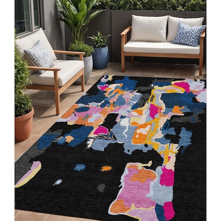 5' X 8' Black Blue And Pink Abstract Washable Indoor Outdoor Area Rug