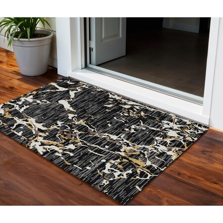 Homeroots 3' X 5' Black Ivory And Brown Striped Washable Indoor Outdoor Area Rug 600876