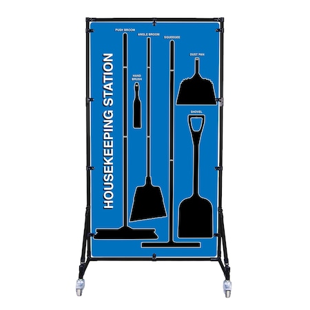 5S Supplies 5S Housekeeping Shadow Board Broom Station Version 8 - Blue Board / Black Shadows With Broom HSB-V8-BLUE-KIT
