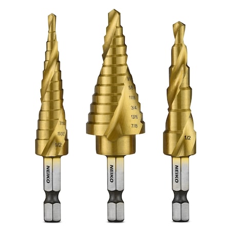 Neiko Titanium-Coated HSS Spiral Step Drill Bit Set with 31-Step Size, 3-Piece 10181A