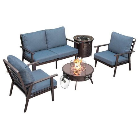 Leisuremod Walbrooke Brown Patio Conversation, Round Fire Pit with Slats Design & Tank Holder, Navy Blue WBRS-29-24-57-31-NBU