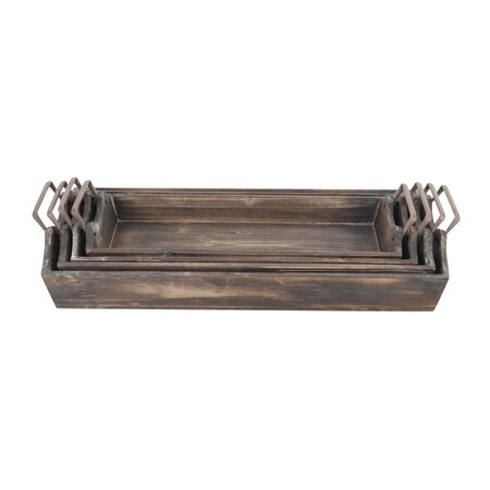 Homeroots Set of Four Brown Wood Handmade Serving Tray With Handles 483321