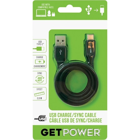 Getpower 3 Ft. Black USB-C to USB-A Charge/Sync Cable GP-USB-USBC