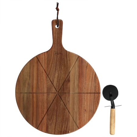 Gibson Elite 2 Piece Acacia Wood Serving Board and Pizza Cutter Set in Brown 143827.02