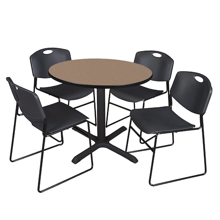 Regency Round Cain Breakroom Table W/ 4 Zeng Stack Chairs, 36 in W, 36 in L, Noble Oak TB36RNDNO44BK