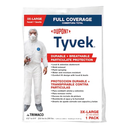 Dupont Tyvek Unisex Polyethylene Full Coverage Hooded Coverall W/Boot White 3XL 141252/12