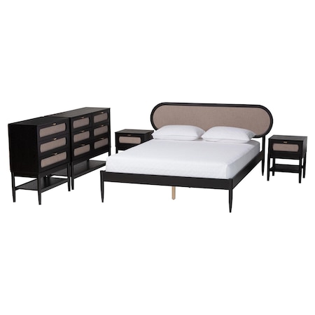 Baxton Studio Shirin Mid-Century Beige Fabric and Black Wood Queen 5-Piece Bedroom Set 255-14152-14151-14150-14149-14149-ZORO