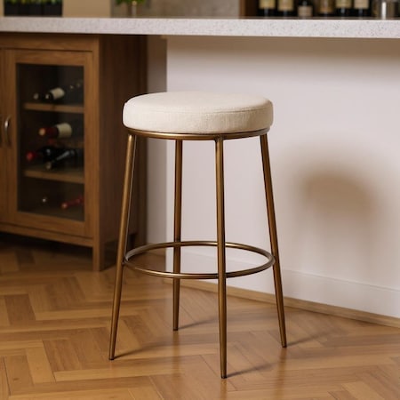 Homeroots 31" Ivory and Antiqued Brass Fabric and Metal Backless Bar Height Bar Chair 632501