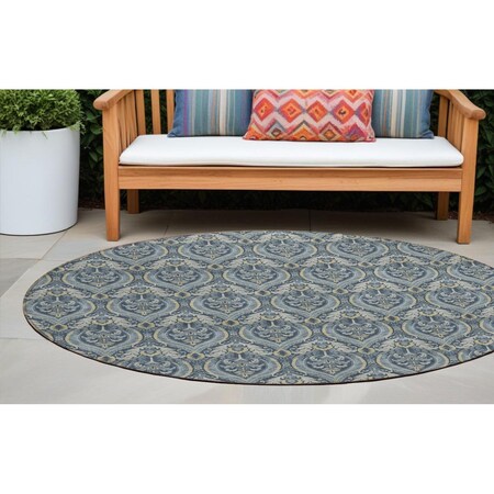 Homeroots 8' Round Blue and Cream Round Damask Washable Non Skid Indoor Outdoor Area Rug 563867