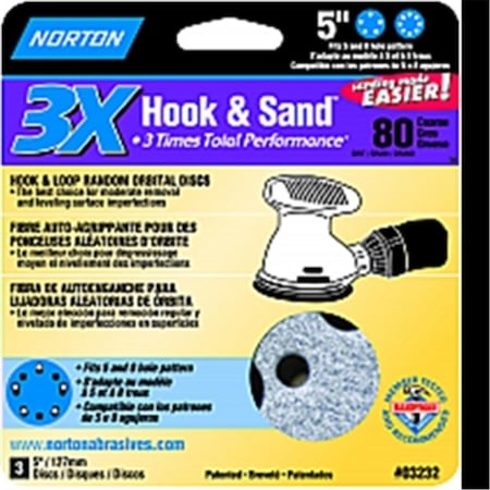Tool Time 3232 5 in. 5 & 8 Hole P80 3x Hook & Loop Discs, 3PK TO3562163