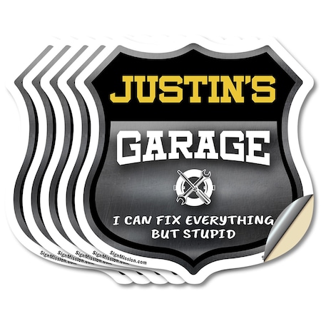 Signmission Justin's Garage I Can Fix Everything But Stupid, 4 inch X 4 inch, Vinyl Decal, 5PK SHI-D-5PACK-4-490-JUSTIN