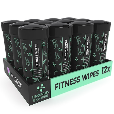 Wipex Natural Fitness Wipes 75ct Canister, Lemongrass/Eucalyptus, 900 Gym Equipment Cleaning Wipes, 12PK WX30046LE-12